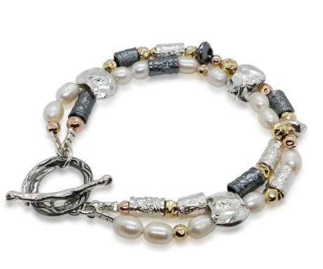 BRACELET HANDMADE IN ISRAEL WITH PEARLS AND SQUASHED BEADS