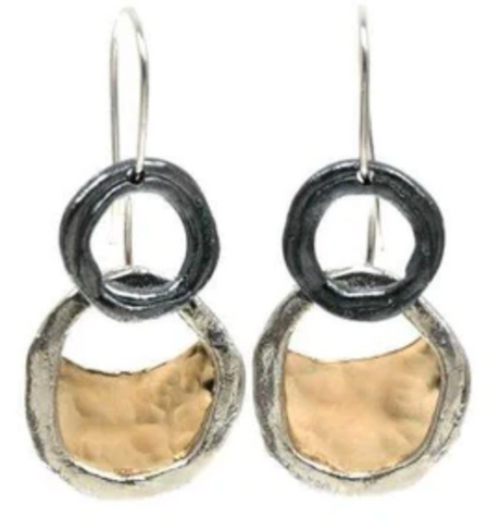EARRINGS OXIDISED DISC WITH STERLING SILVER AND YELLOW GOLD