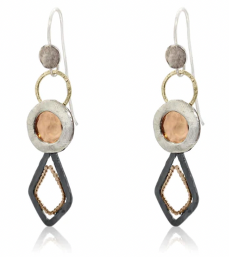 EARRINGS GOLD CIRCLES WITH DIAMOND SHAPED DROPS