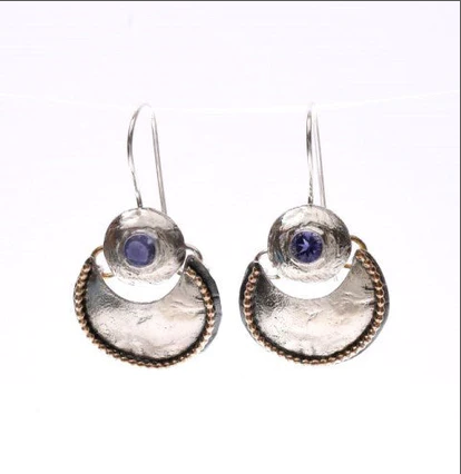 EARRINGS CIRCLE IOLITE AND GOLD SILVER